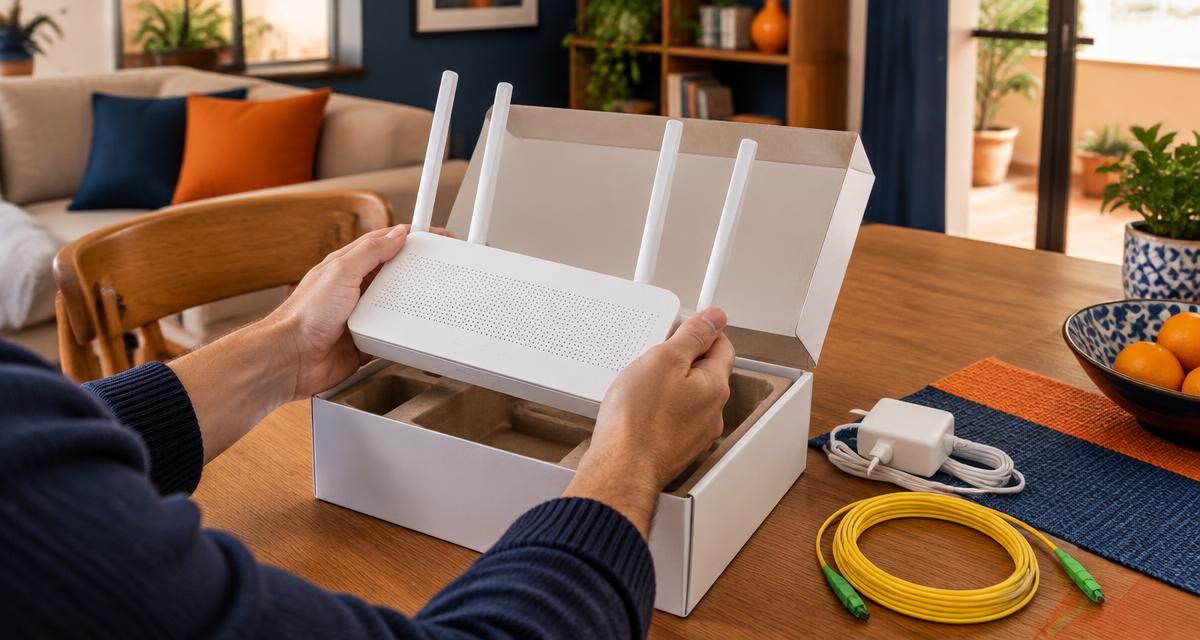 Persona desempaquetando un router WiFi 6 nuevo tras cambiar de operador de fibra