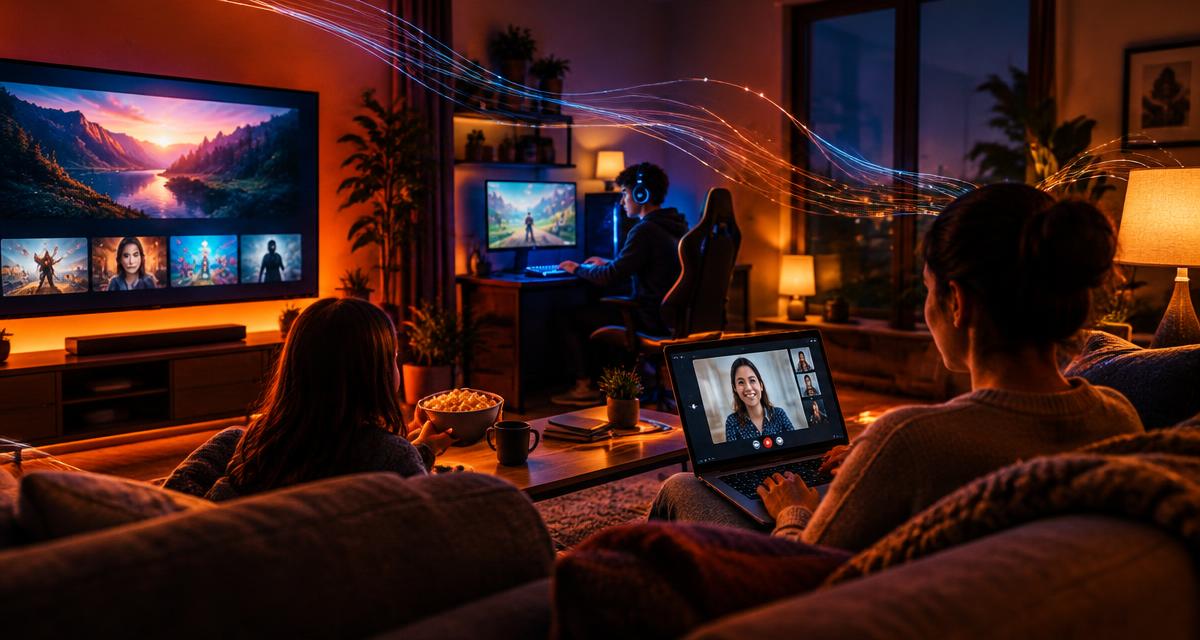 Familia usando a la vez televisión en streaming, videollamada y gaming con fibra en casa