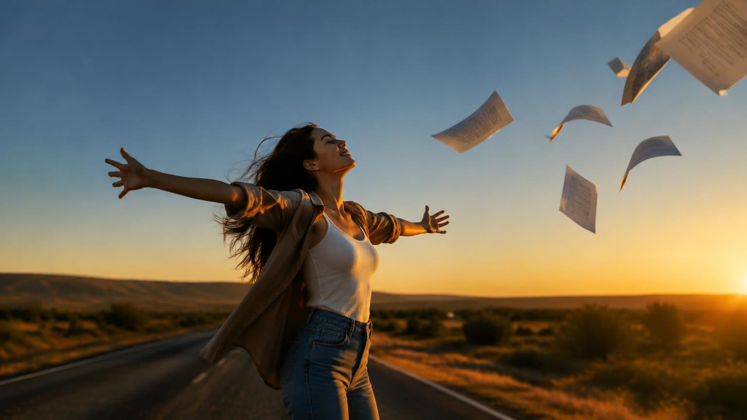 Persona liberándose de las cadenas de un contrato, que se rompen y se convierten en pájaros volando hacia un camino abierto
