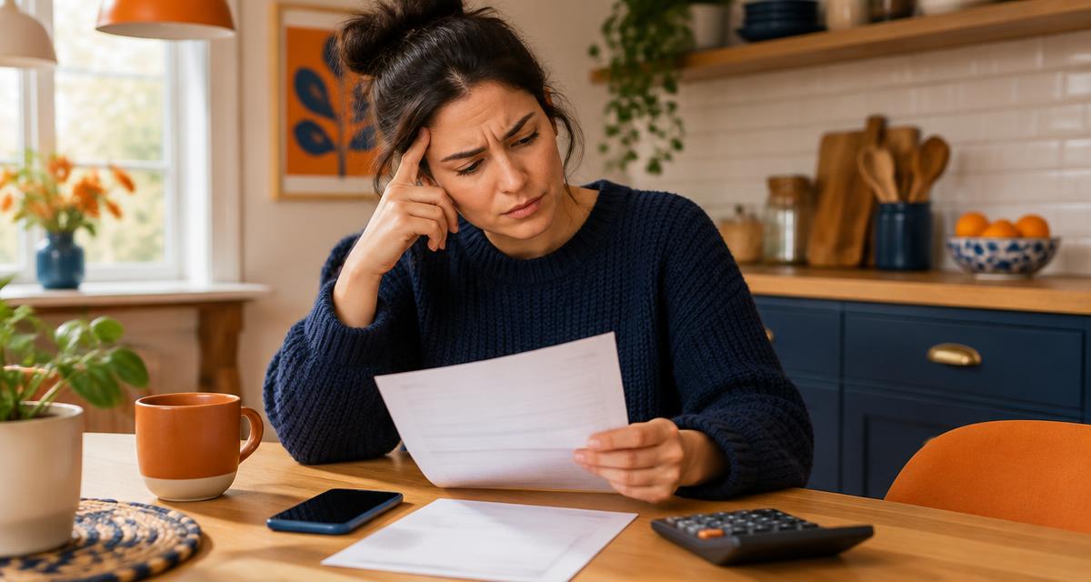 Mujer revisando con preocupación la factura de fibra junto al móvil y una calculadora