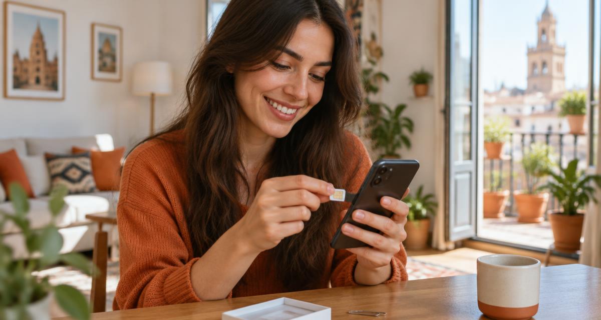 Persona sonriendo mientras activa su nueva línea móvil en el smartphone tras hacer la portabilidad