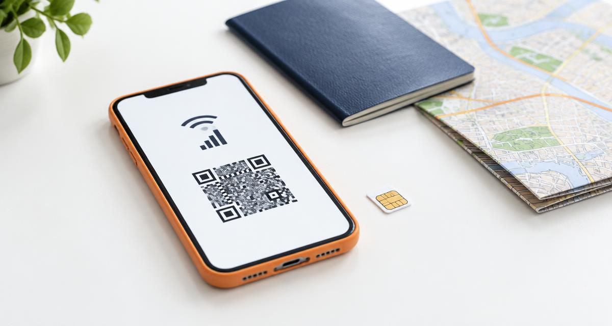 Móvil junto a una tarjeta SIM física, un pasaporte y un mapa para ilustrar el uso de eSIM en el día a día y de viaje